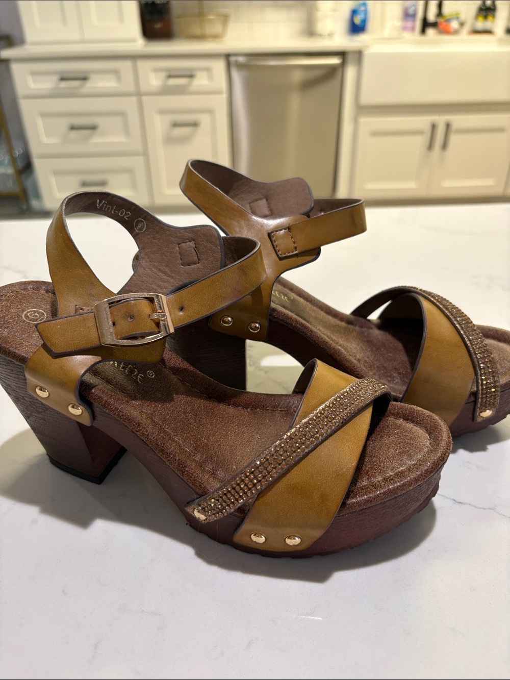 Nature Breeze Tan Wedge Sandals with Rhinestone Accent